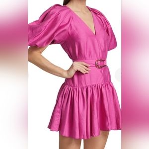 ACLER Wheatland Belted Puff Sleeve Mini Dress in Flamingo Pink